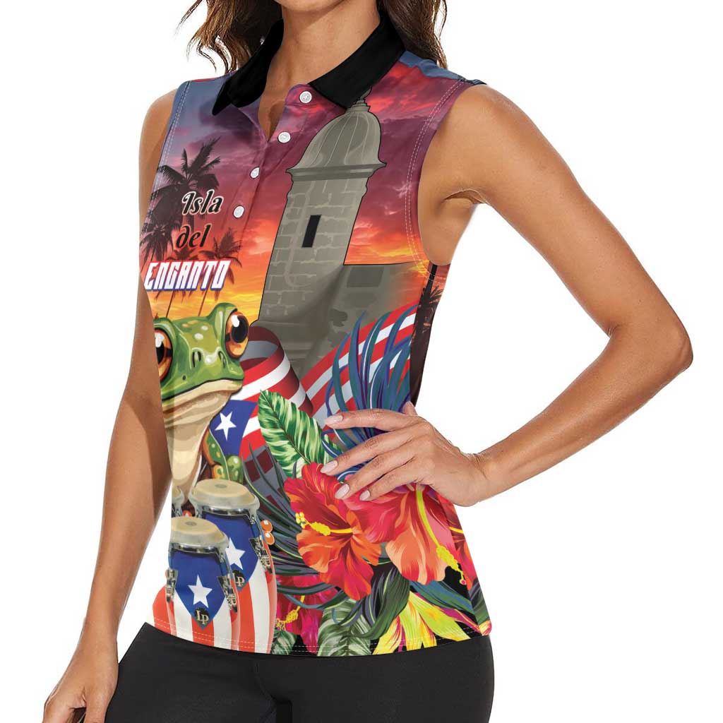Puerto Rico Coqui Frog Sunset Women Sleeveless Polo Shirt Isla Del Encanto Tropical Vibe - Wonder Print Shop