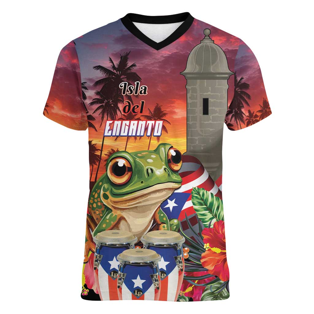 Puerto Rico Coqui Frog Sunset Women V-Neck T-Shirt Isla Del Encanto Tropical Vibe - Wonder Print Shop