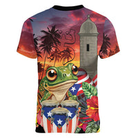 Puerto Rico Coqui Frog Sunset Women V-Neck T-Shirt Isla Del Encanto Tropical Vibe - Wonder Print Shop