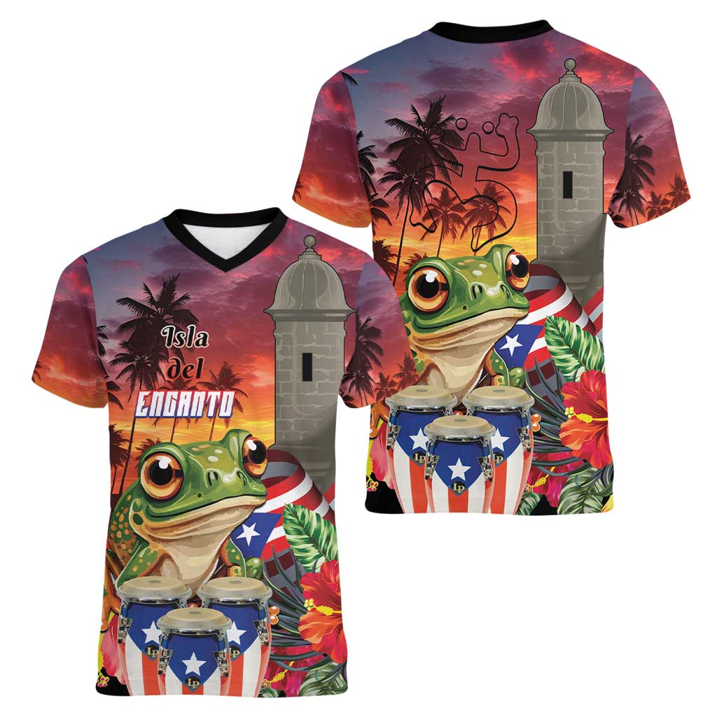 Puerto Rico Coqui Frog Sunset Women V-Neck T-Shirt Isla Del Encanto Tropical Vibe - Wonder Print Shop