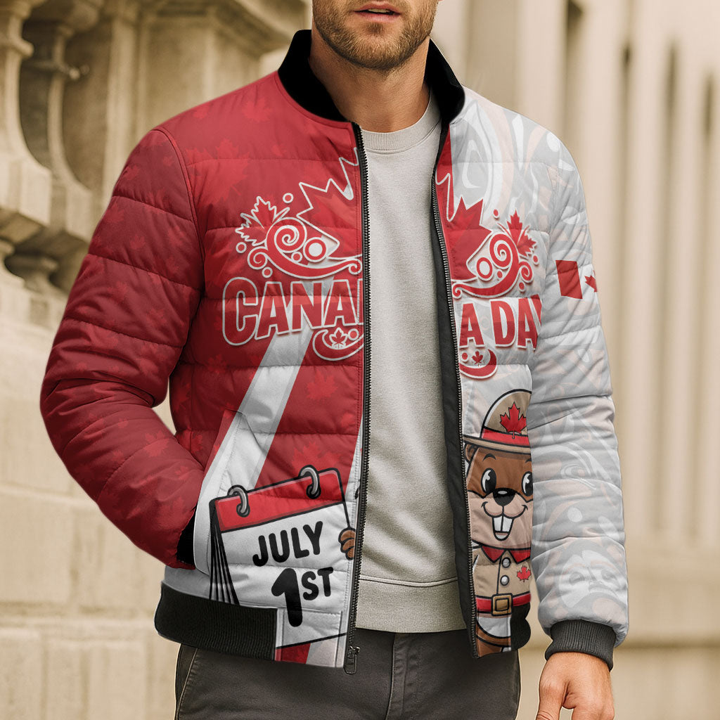 Personalised Canada Day Bomber Puffer Jacket Beaver Mountie Maple Leaves