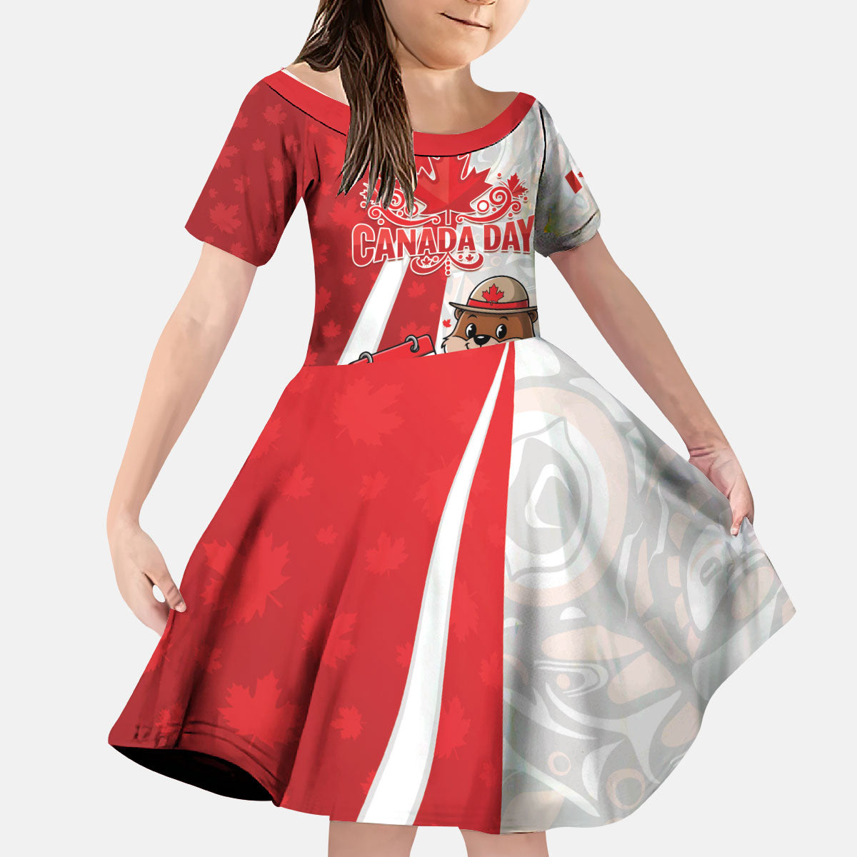Personalised Canada Day Kid Short Sleeve Dress Beaver Mountie Maple Leaves