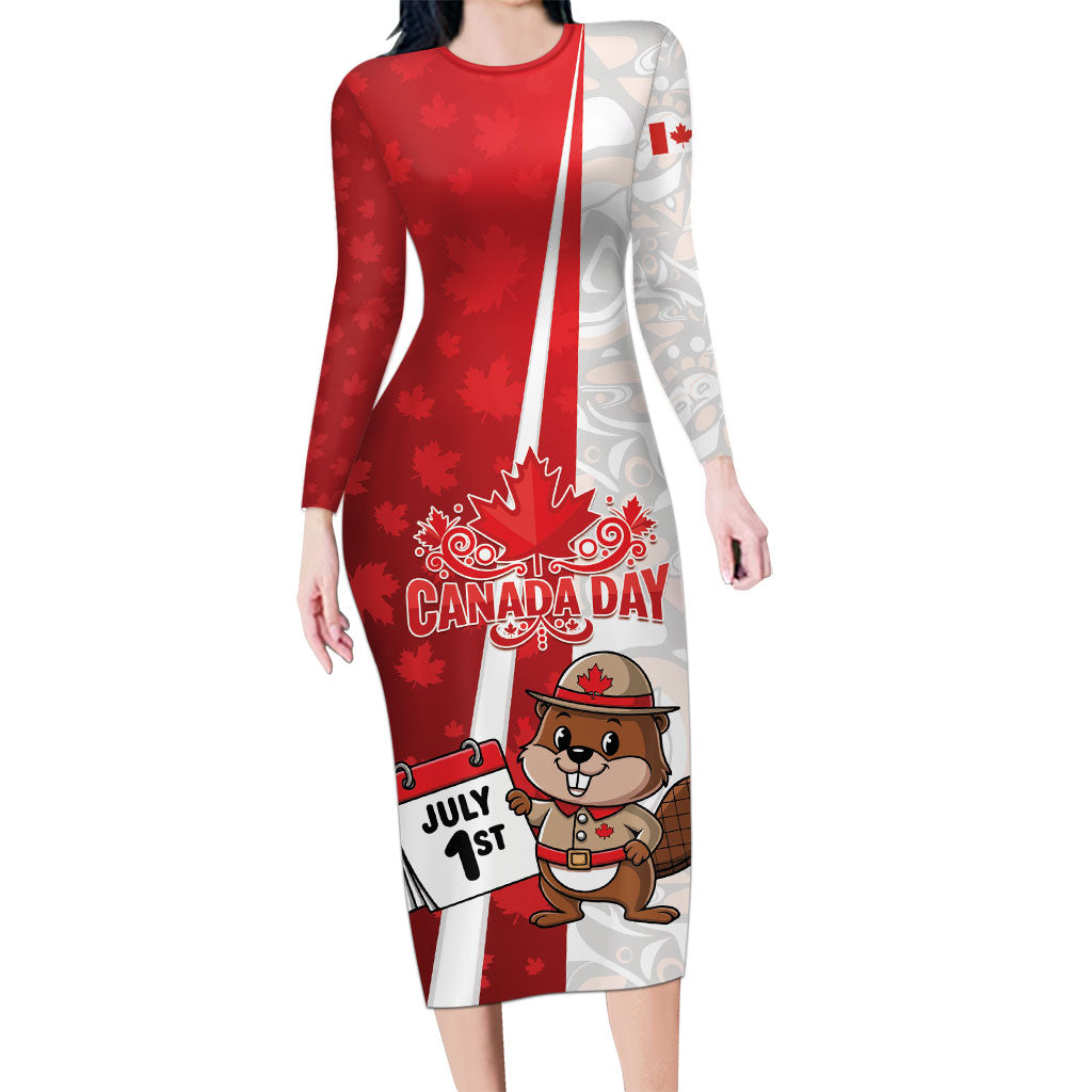Personalised Canada Day Long Sleeve Bodycon Dress Beaver Mountie Maple Leaves