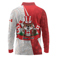 Personalised Canada Day Long Sleeve Polo Shirt Beaver Mountie Maple Leaves