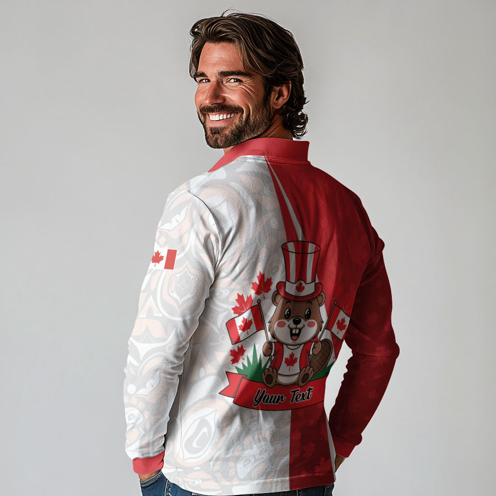 Personalised Canada Day Long Sleeve Polo Shirt Beaver Mountie Maple Leaves