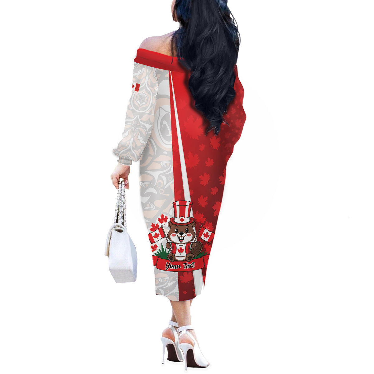 Personalised Canada Day Off The Shoulder Long Sleeve Dress Beaver Mountie Maple Leaves