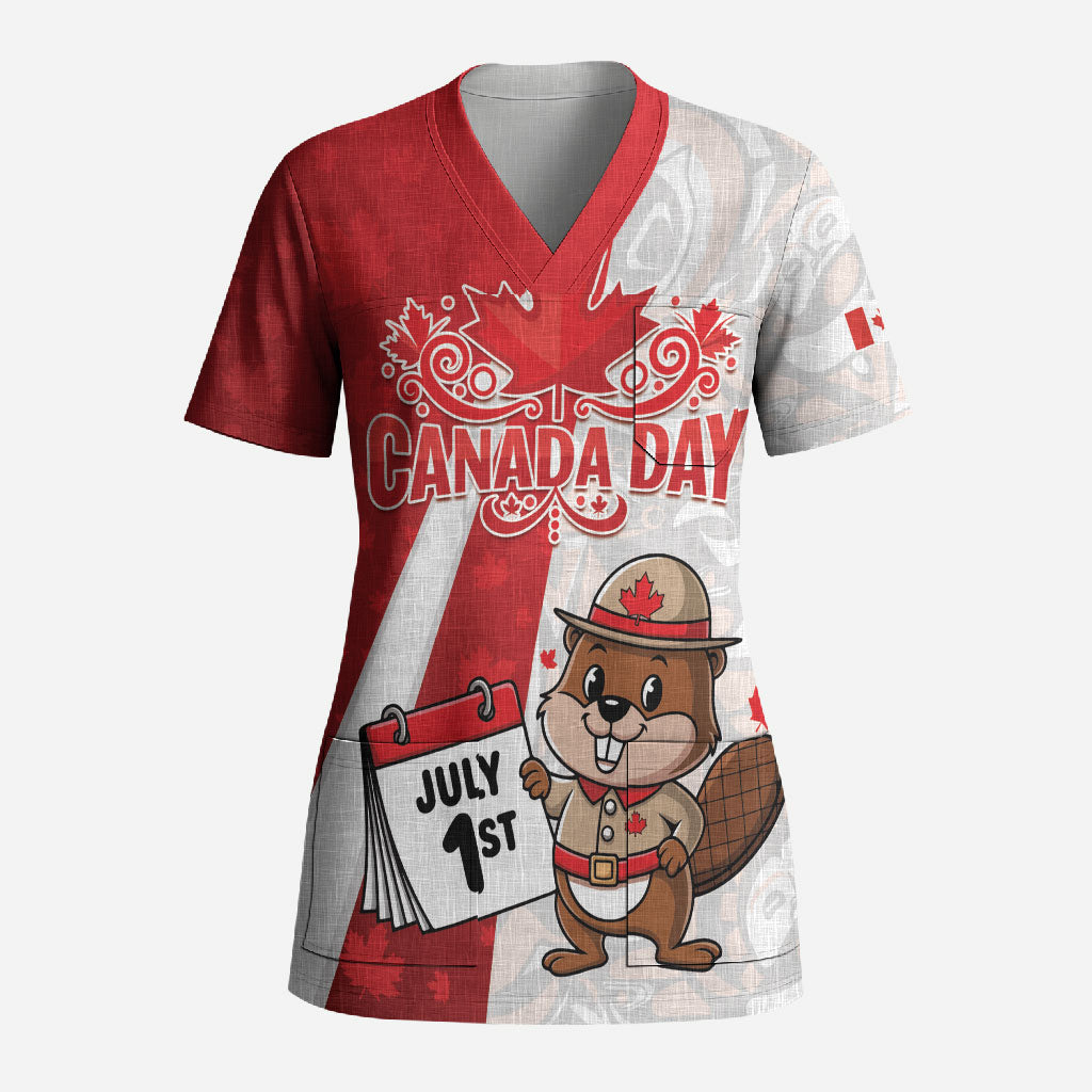 Personalised Canada Day Scrub Top Beaver Mountie Maple Leaves
