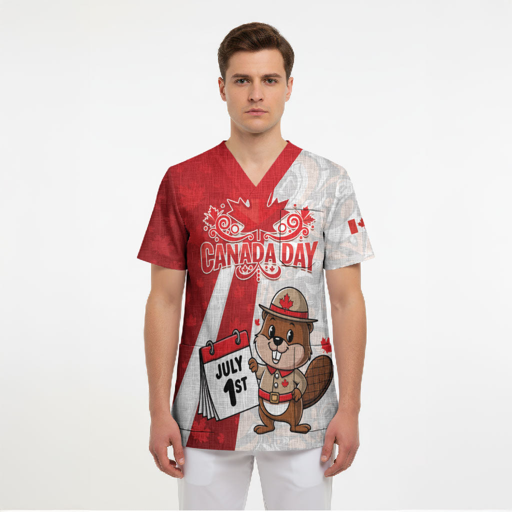 Personalised Canada Day Scrub Top Beaver Mountie Maple Leaves