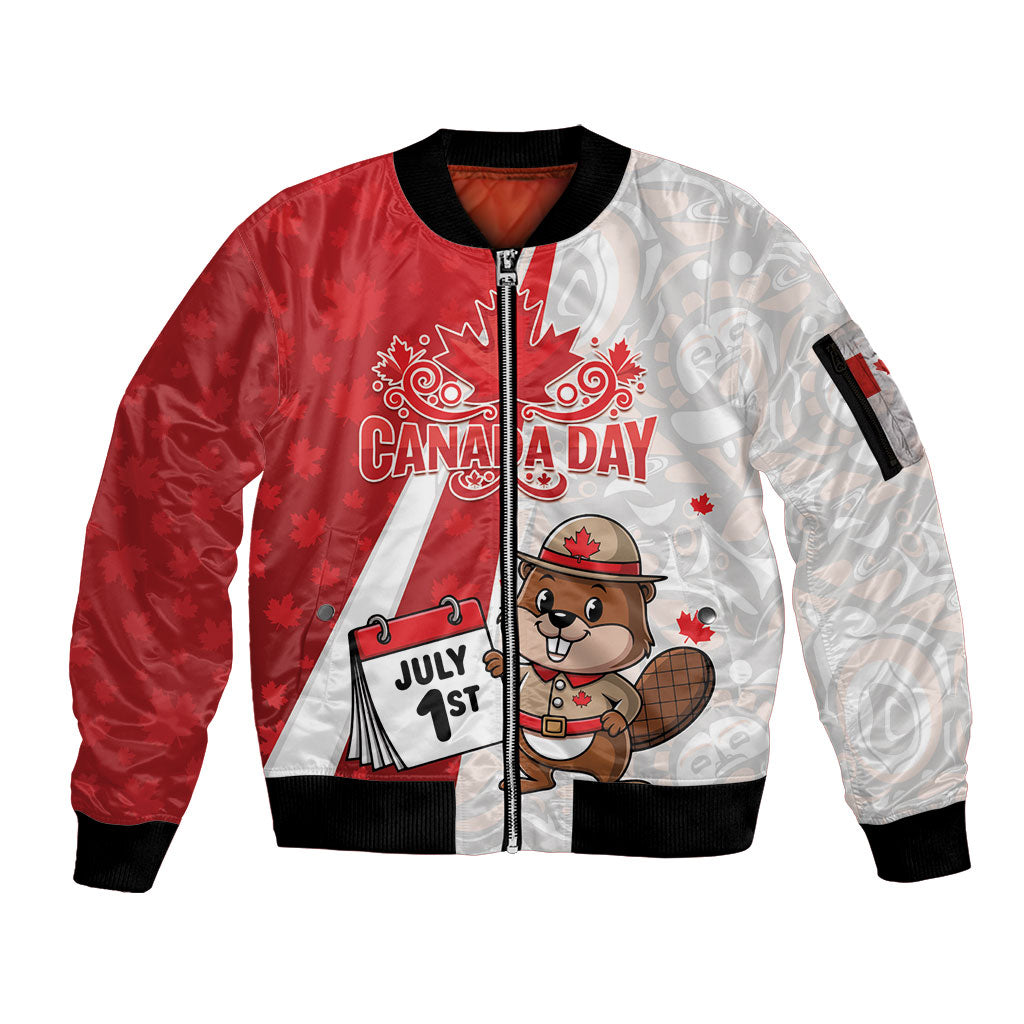 Personalised Canada Day Sleeve Zip Bomber Jacket Beaver Mountie Maple Leaves