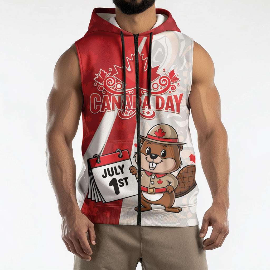 Personalised Canada Day Sleeveless Zip Hoodie Beaver Mountie Maple Leaves