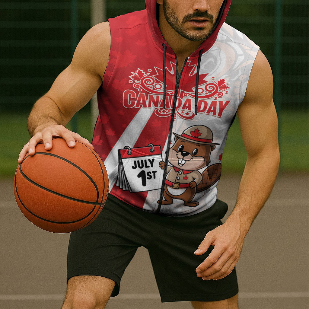 Personalised Canada Day Sleeveless Zip Hoodie Beaver Mountie Maple Leaves