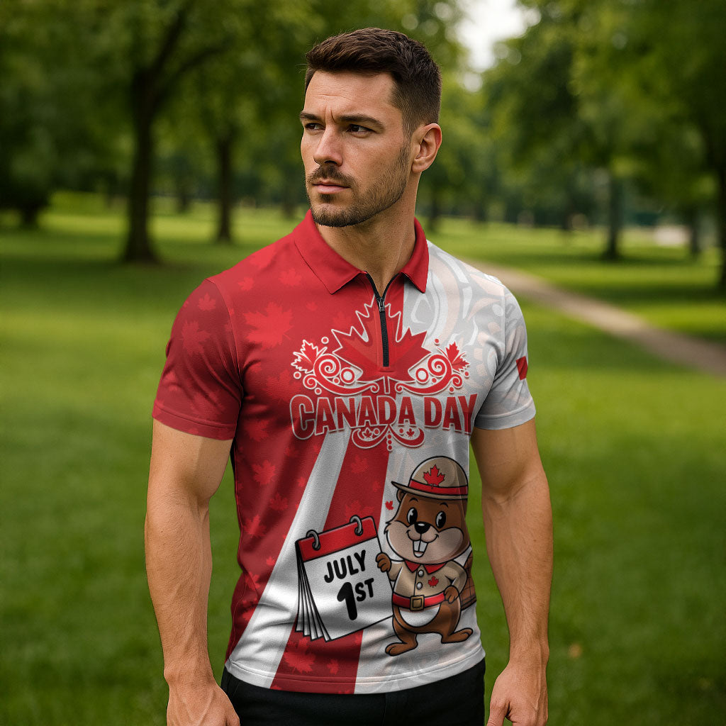 Personalised Canada Day Zipper Polo Shirt Beaver Mountie Maple Leaves