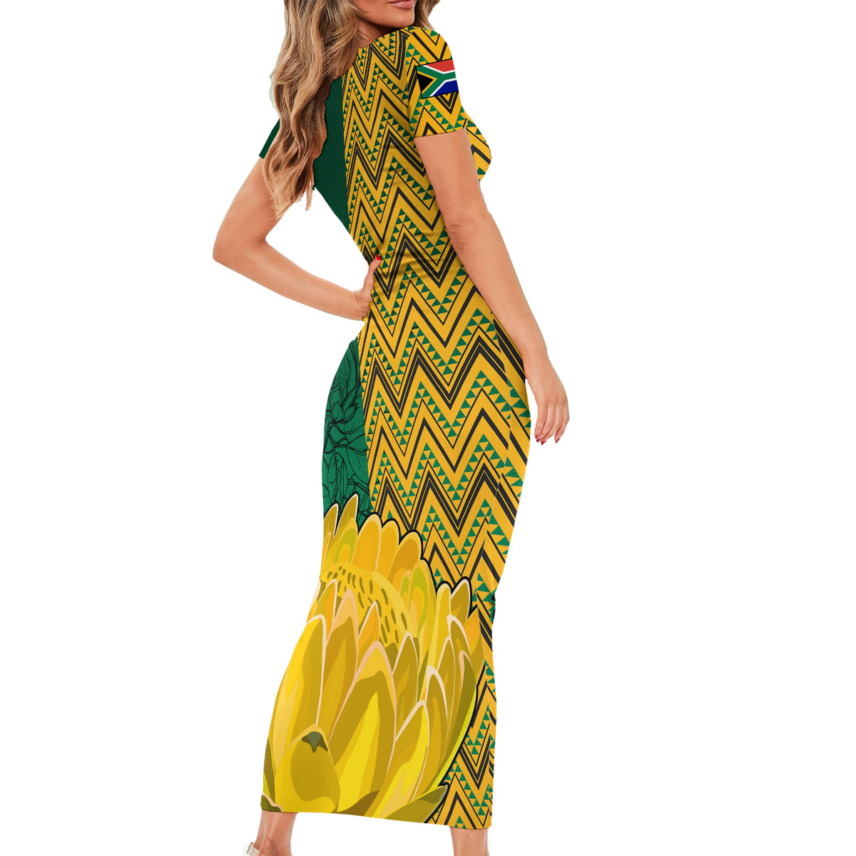 South Africa Short Sleeve Bodycon Dress Springbok and Proteas African Pattern - Wonder Print Shop
