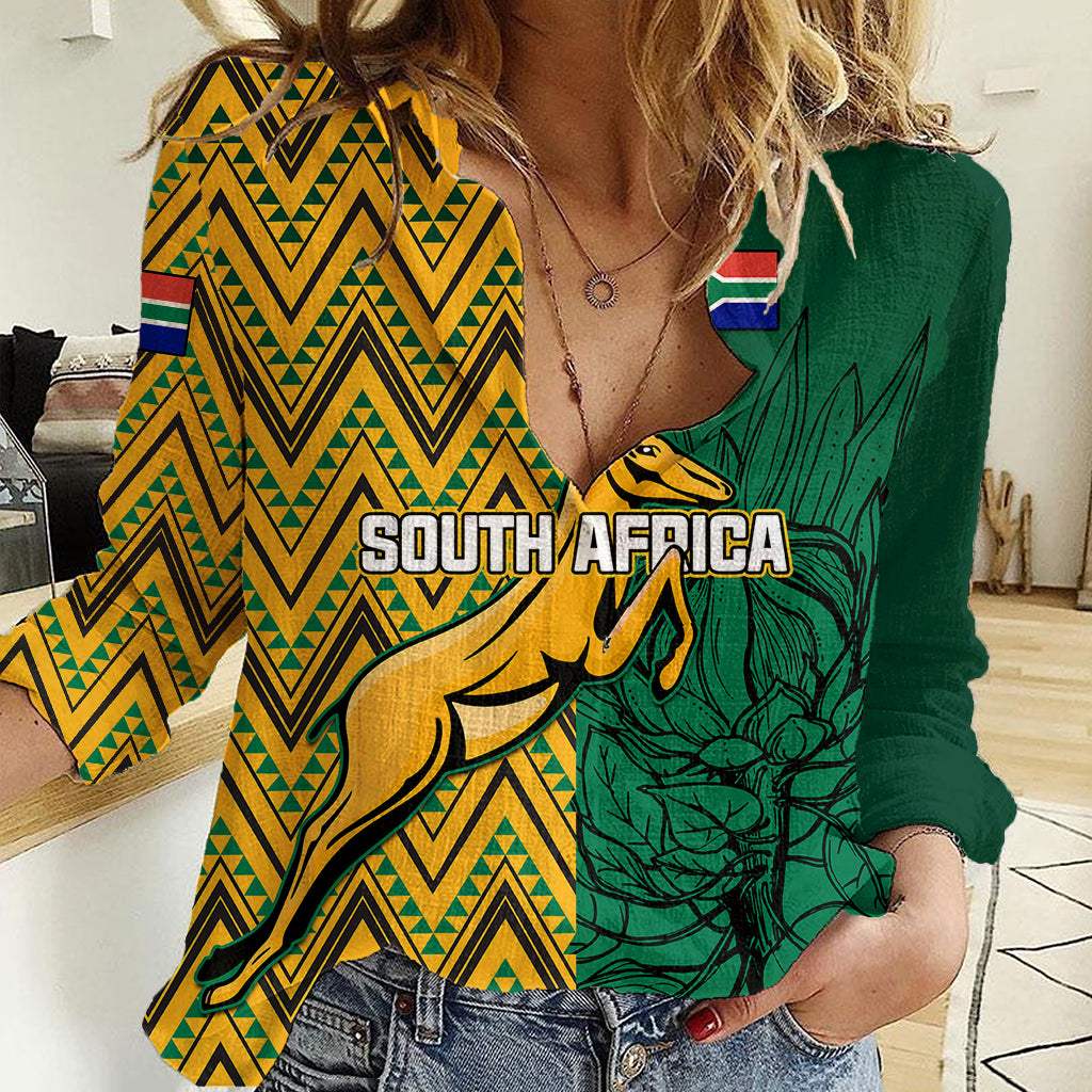 South Africa Women Casual Shirt Springbok and Proteas African Pattern - Wonder Print Shop