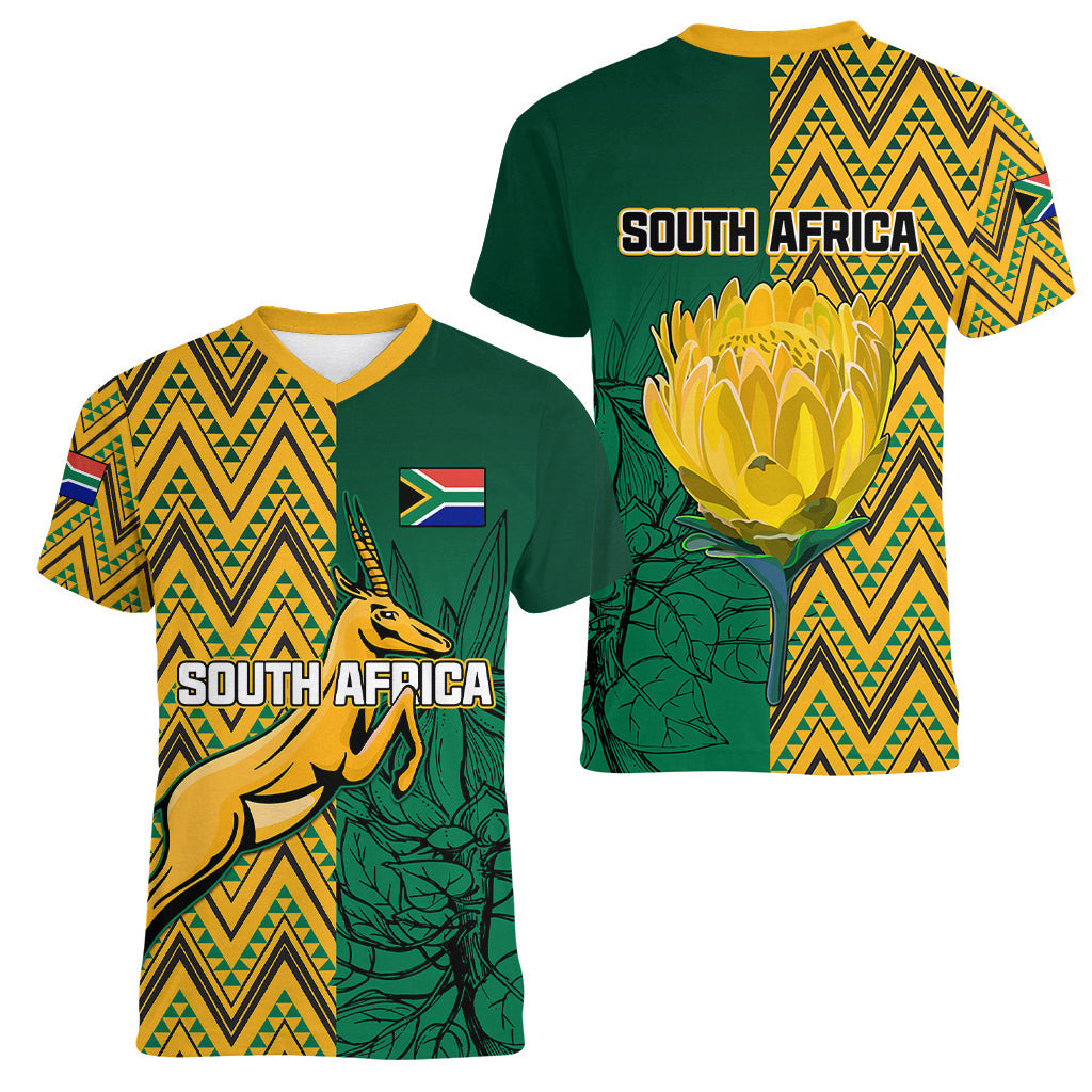South Africa Women V Neck T Shirt Springbok and Proteas African Pattern - Wonder Print Shop