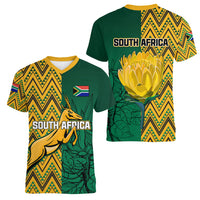 South Africa Women V Neck T Shirt Springbok and Proteas African Pattern - Wonder Print Shop