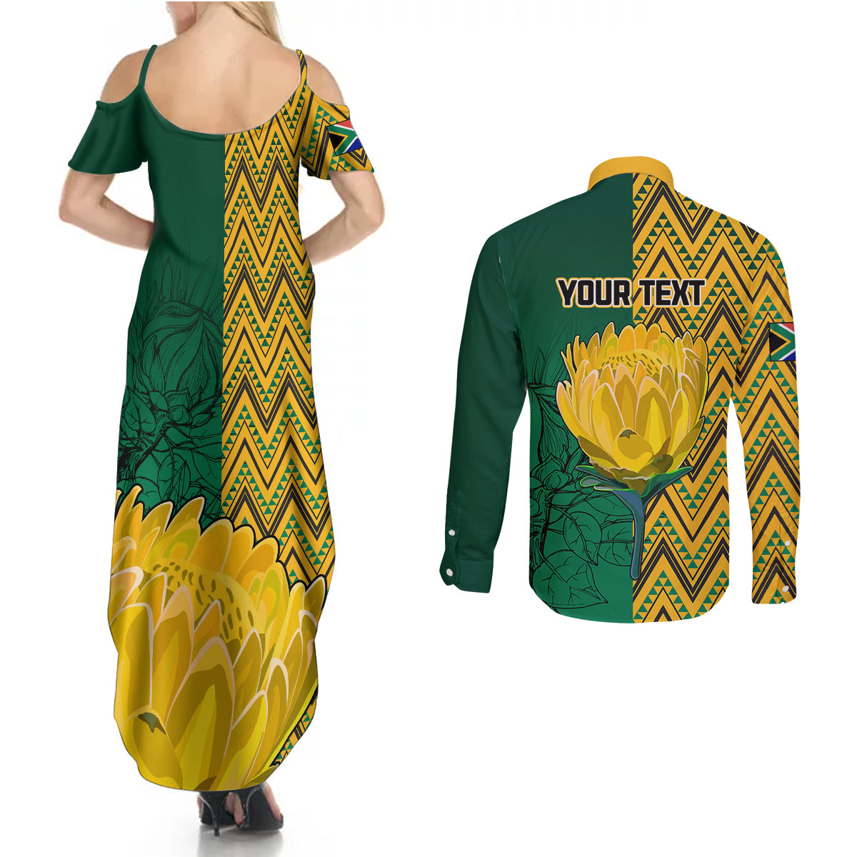 Personalised South Africa Couples Matching Summer Maxi Dress and Long Sleeve Button Shirts Springbok and Proteas African Pattern - Wonder Print Shop