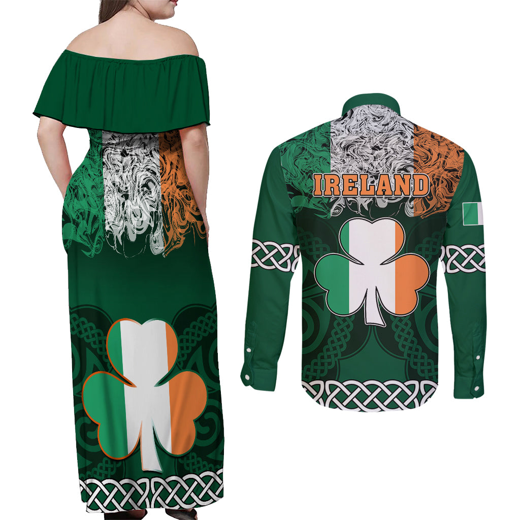 Ireland Couples Matching Off Shoulder Maxi Dress and Long Sleeve Button Shirts Irish Shamrock Mix Celtic Knotwork Pattern - Wonder Print Shop