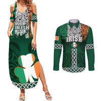 Green Irish shamrock maxi dress and long-sleeve button shirt set with Celtic knot print