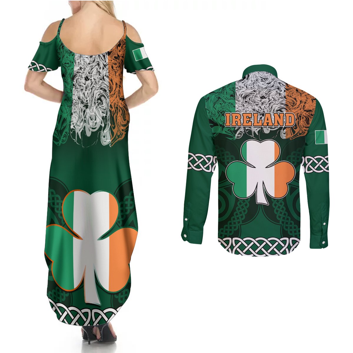 Green Irish shamrock maxi dress and button shirt set, back view Celtic knot print