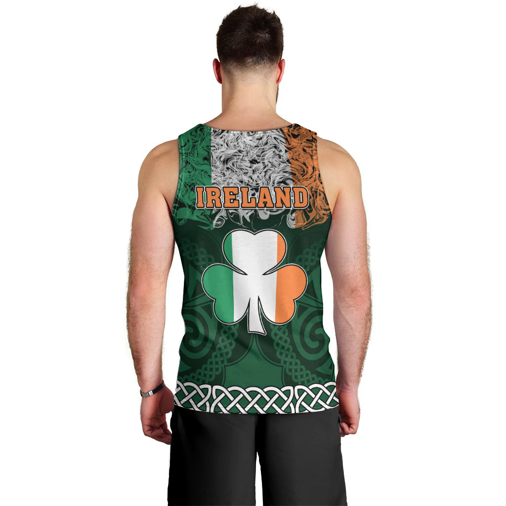 Green men's sleeveless tank top, back view: 'IRELAND' text with large shamrock graphic.