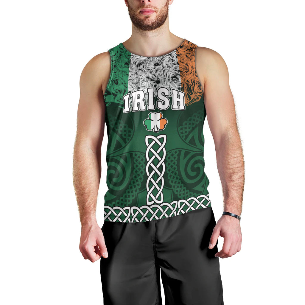 Green men's sleeveless tank top, front: 'IRISH' lettering, shamrock and braided celtic knot.