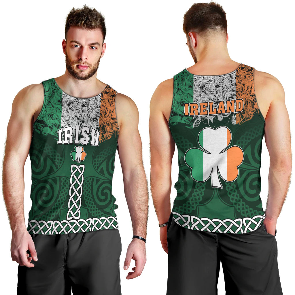 Green men's sleeveless tank top shown front and back, shamrock and celtic knot accents.