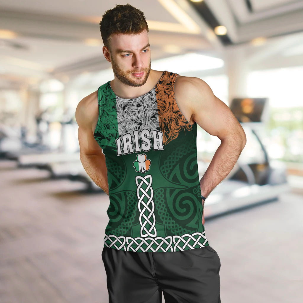 Green men's sleeveless tank top with 'IRISH' print, shamrock and celtic knot hem border.
