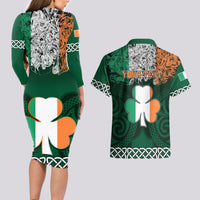Personalised Ireland Couples Matching Long Sleeve Bodycon Dress and Hawaiian Shirt Irish Shamrock Mix Celtic Knotwork Pattern - Wonder Print Shop