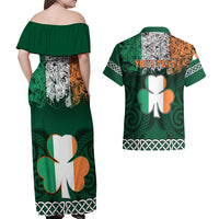 Personalised Ireland Couples Matching Off Shoulder Maxi Dress and Hawaiian Shirt Irish Shamrock Mix Celtic Knotwork Pattern - Wonder Print Shop