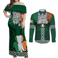 Green off-shoulder maxi dress and long-sleeve button shirt set with shamrock and Celtic knots.