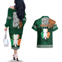 Personalised Ireland Couples Matching Off The Shoulder Long Sleeve Dress and Hawaiian Shirt Irish Shamrock Mix Celtic Knotwork Pattern - Wonder Print Shop