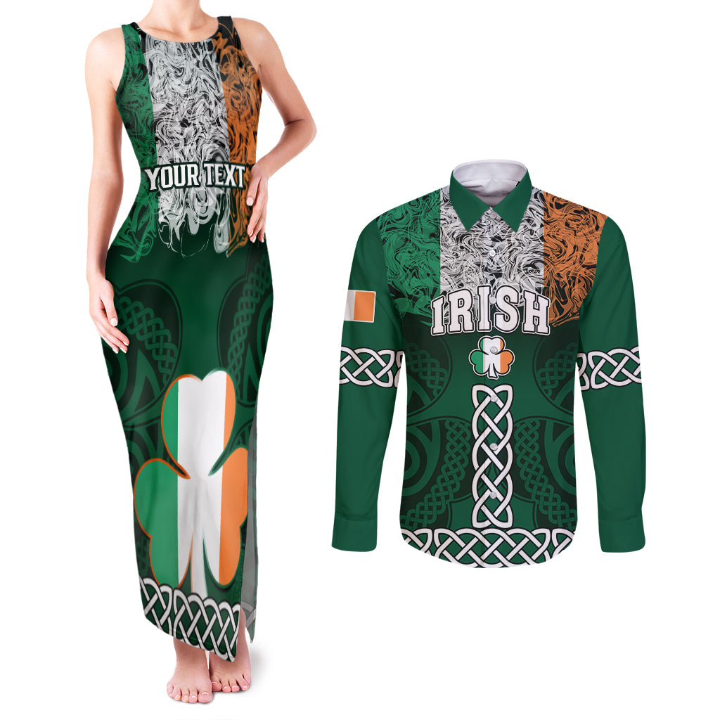 Personalised Ireland Couples Matching Tank Maxi Dress and Long Sleeve Button Shirts Irish Shamrock Mix Celtic Knotwork Pattern - Wonder Print Shop