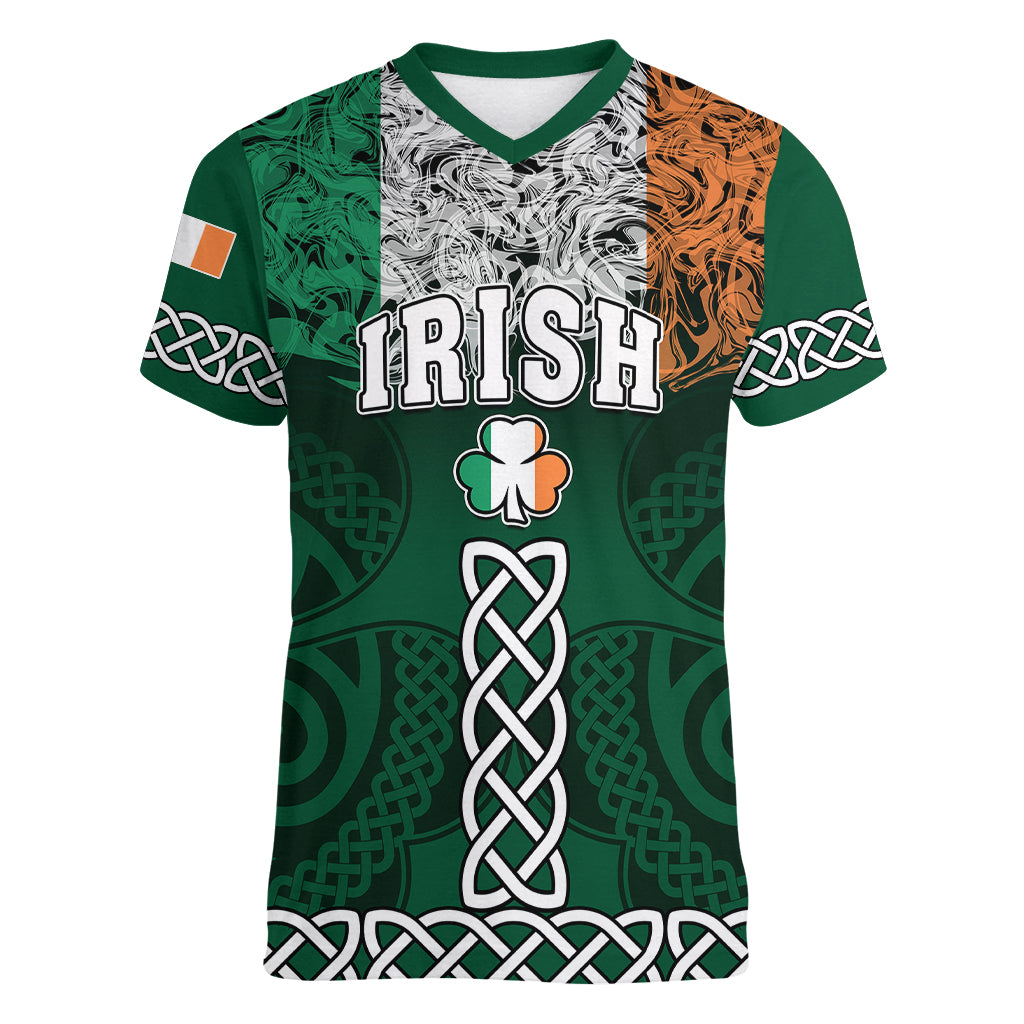 Personalised Ireland Women V Neck T Shirt Irish Shamrock Mix Celtic Knotwork Pattern - Wonder Print Shop