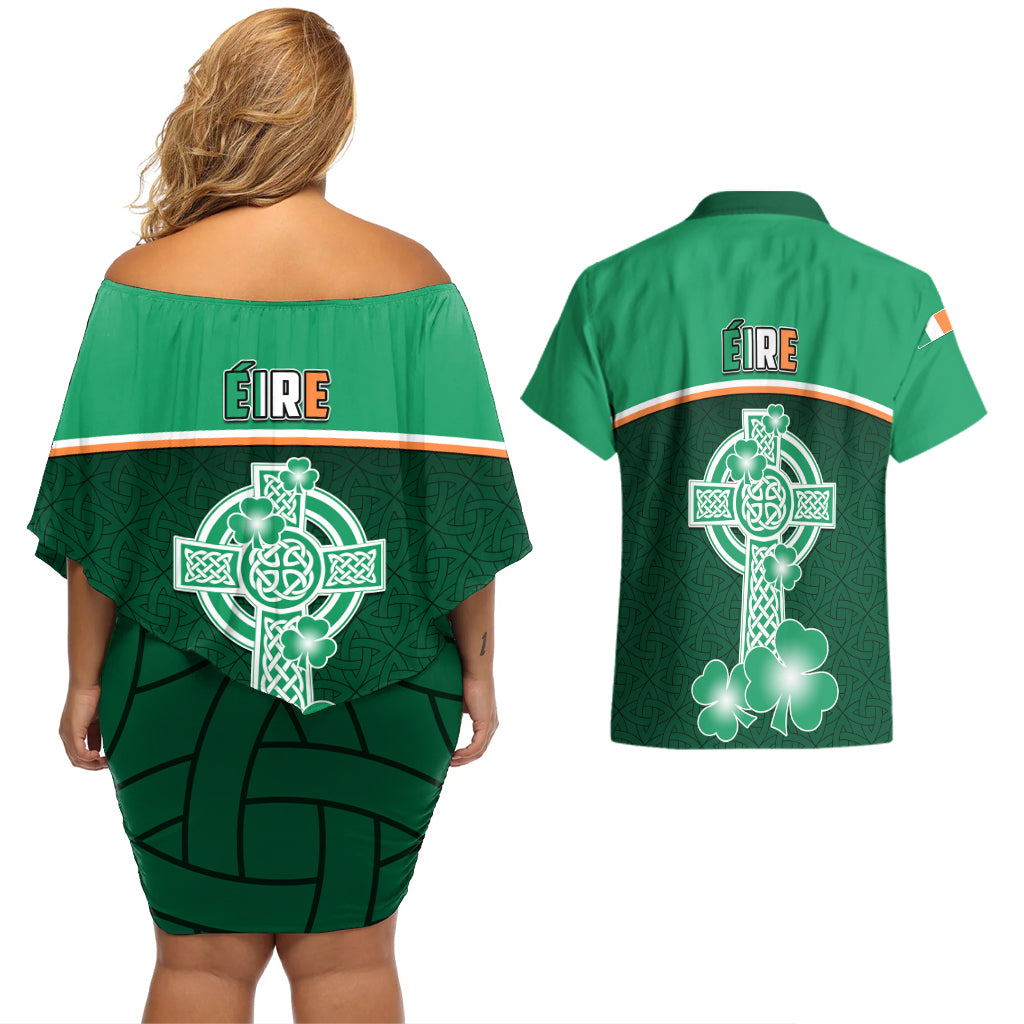 Ireland Couples Matching Off Shoulder Short Dress and Hawaiian Shirt Irish Shamrock Harp Mix Celtic Pattern - Wonder Print Shop