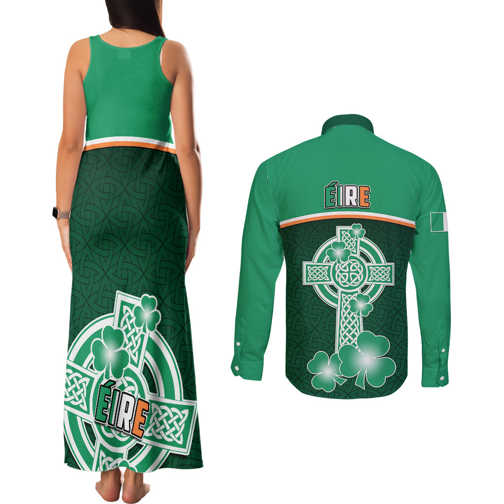 Ireland Couples Matching Tank Maxi Dress and Long Sleeve Button Shirts Irish Shamrock Harp Mix Celtic Pattern - Wonder Print Shop