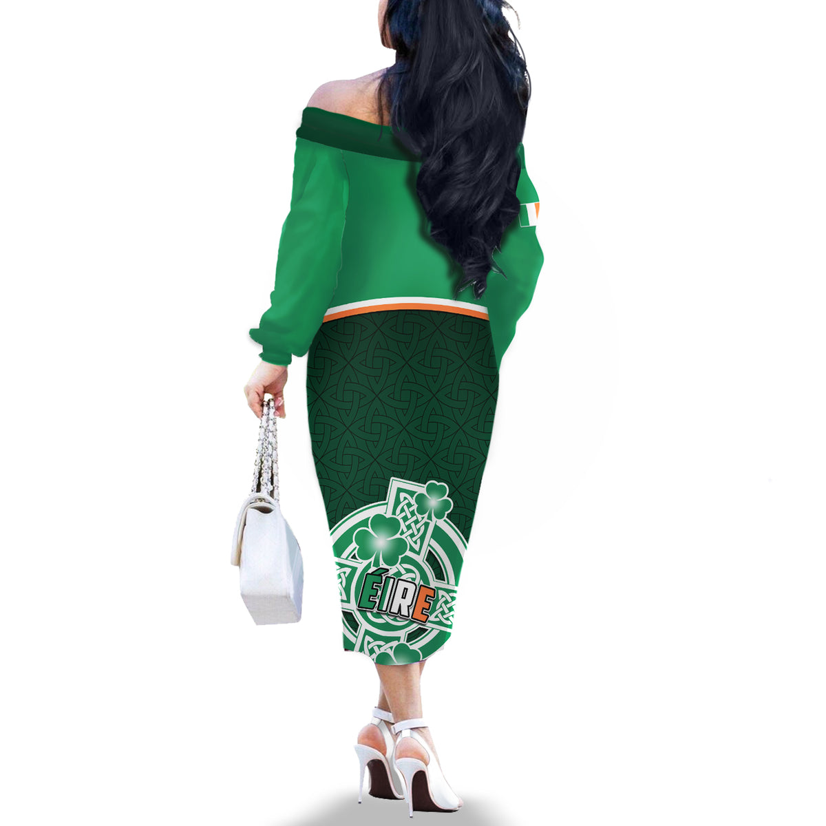 Ireland Off The Shoulder Long Sleeve Dress Irish Shamrock Harp Mix Celtic Pattern - Wonder Print Shop