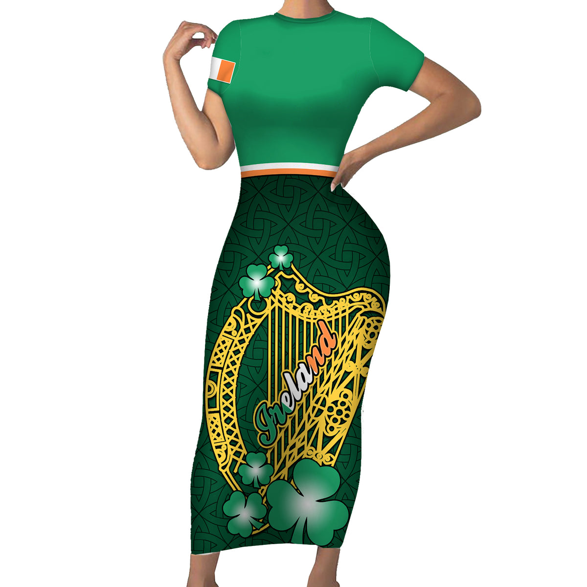 Ireland Short Sleeve Bodycon Dress Irish Shamrock Harp Mix Celtic Pattern - Wonder Print Shop