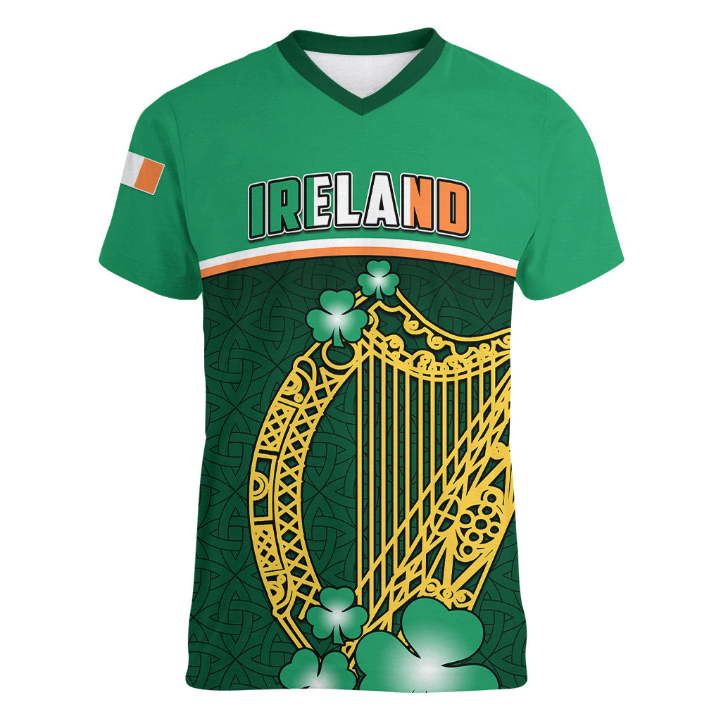 Ireland Women V Neck T Shirt Irish Shamrock Harp Mix Celtic Pattern - Wonder Print Shop