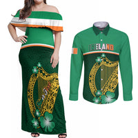 Personalised Ireland Couples Matching Off Shoulder Maxi Dress and Long Sleeve Button Shirts Irish Shamrock Harp Mix Celtic Pattern - Wonder Print Shop