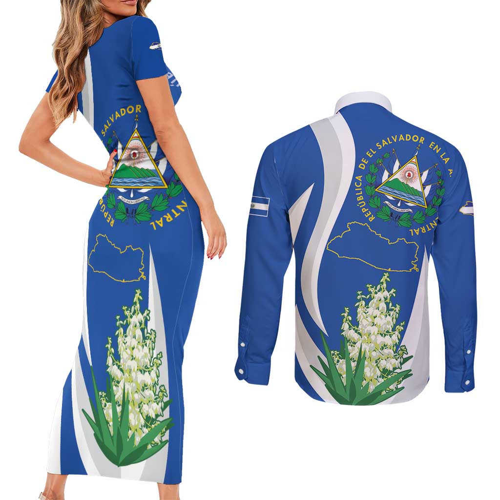 El Salvador Independence Day Couples Matching Short Sleeve Bodycon Dress and Long Sleeve Button Shirt Flor De Izote With Turquoise Browed Motmot - Wonder Print Shop
