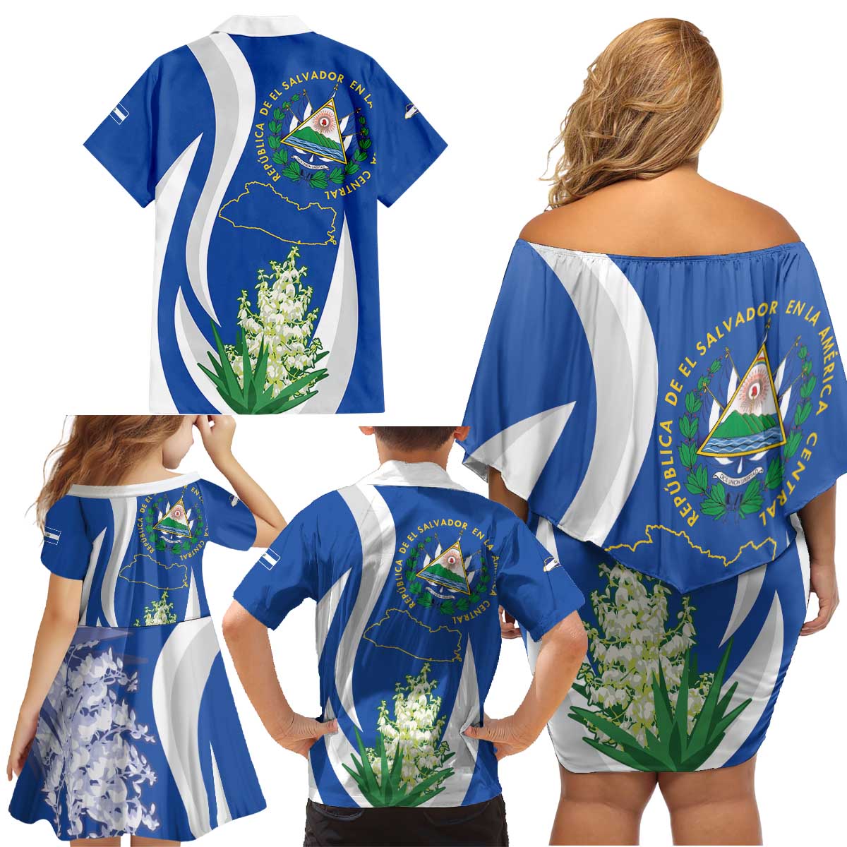 El Salvador Independence Day Family Matching Off Shoulder Short Dress and Hawaiian Shirt Flor De Izote With Turquoise Browed Motmot - Wonder Print Shop