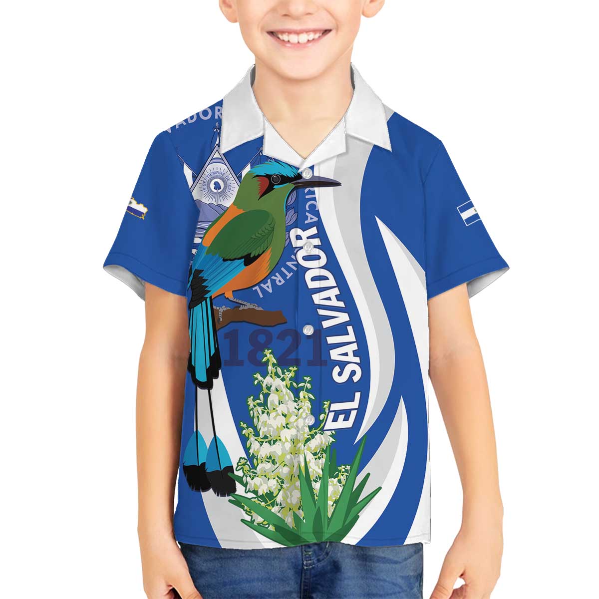 El Salvador Independence Day Family Matching Off Shoulder Short Dress and Hawaiian Shirt Flor De Izote With Turquoise Browed Motmot - Wonder Print Shop