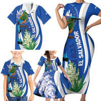El Salvador Independence Day Family Matching Short Sleeve Bodycon Dress and Hawaiian Shirt Flor De Izote With Turquoise Browed Motmot - Wonder Print Shop