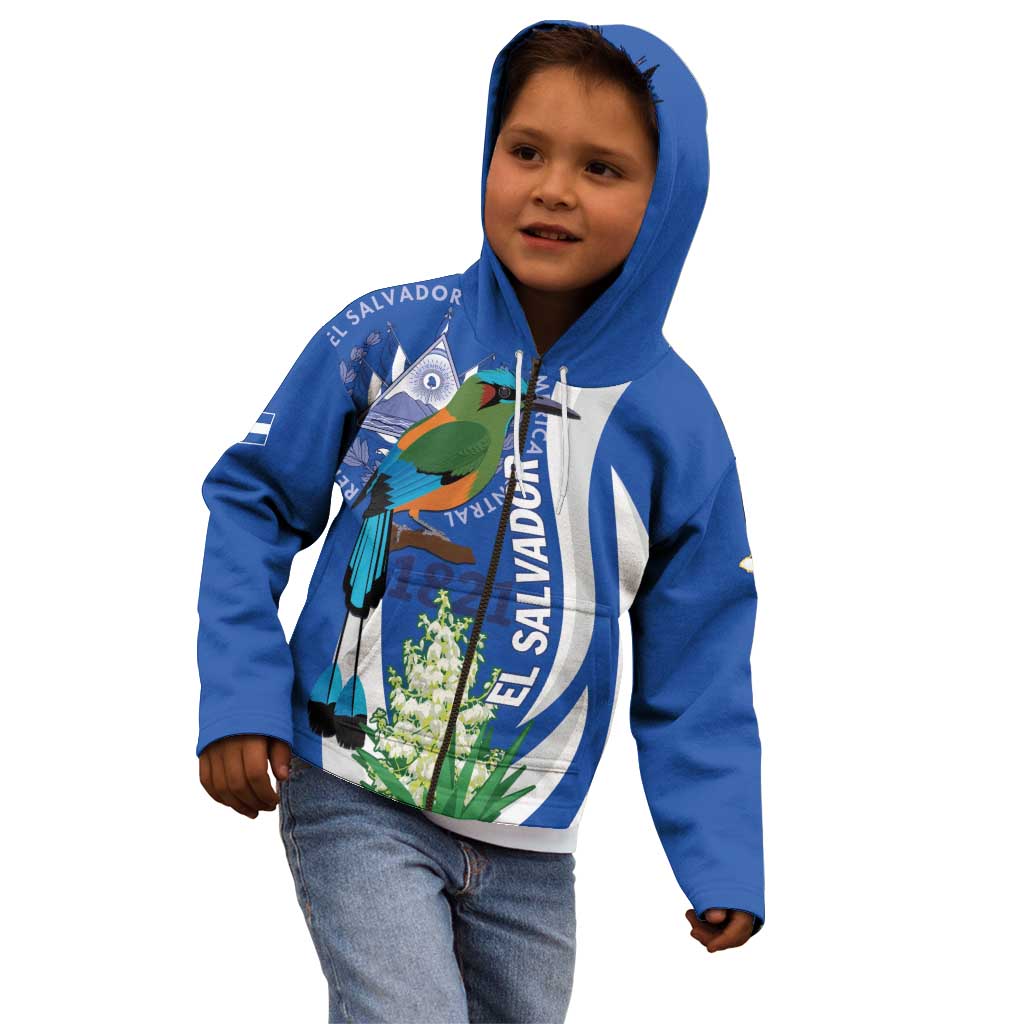 El Salvador Independence Day Kid Hoodie Flor De Izote With Turquoise Browed Motmot - Wonder Print Shop
