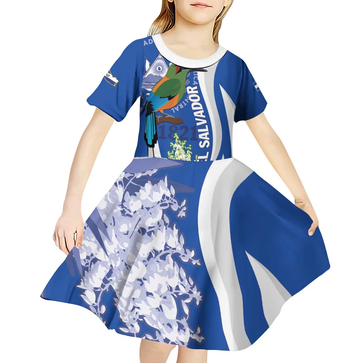 El Salvador Independence Day Kid Short Sleeve Dress Flor De Izote With Turquoise Browed Motmot - Wonder Print Shop