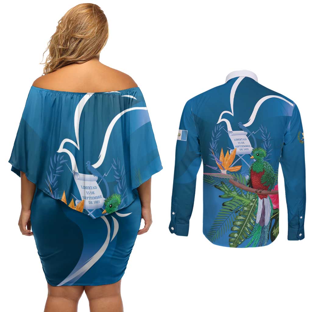 Guatemala Independence Day Couples Matching Off Shoulder Short Dress and Long Sleeve Button Shirt Quetzal Tropical Flower - Wonder Print Shop
