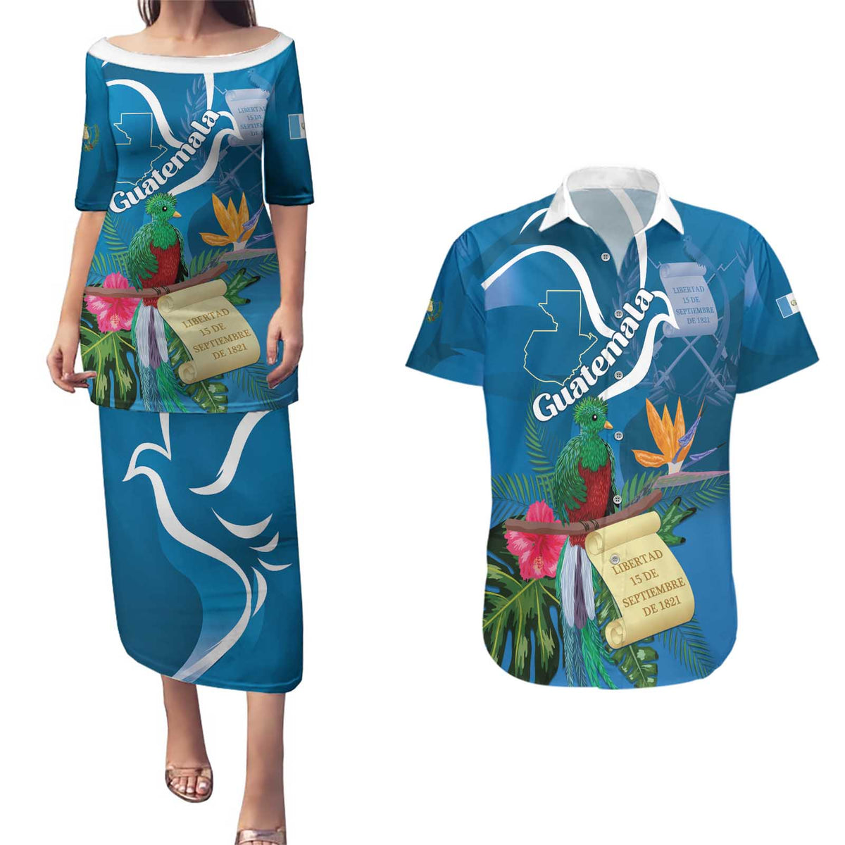 Guatemala Independence Day Couples Matching Puletasi and Hawaiian Shirt Quetzal Tropical Flower - Wonder Print Shop