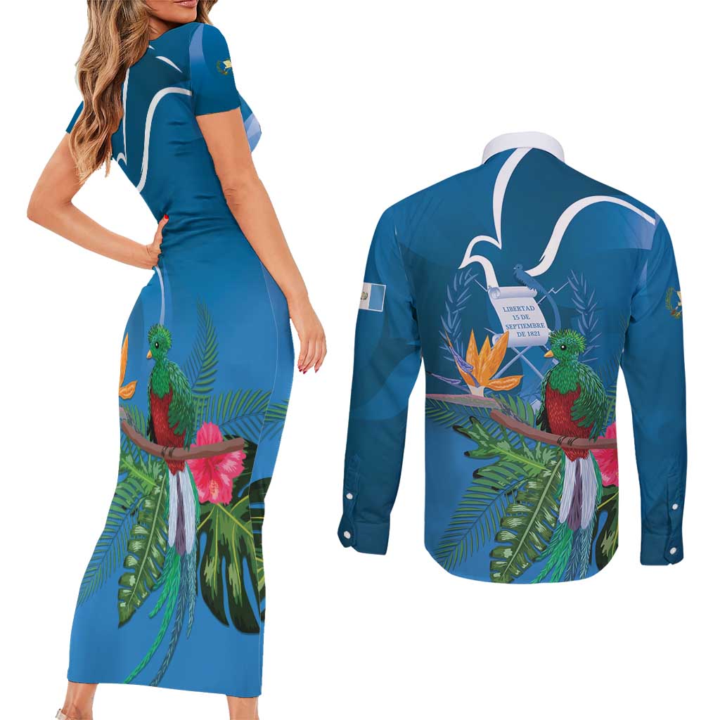 Guatemala Independence Day Couples Matching Short Sleeve Bodycon Dress and Long Sleeve Button Shirt Quetzal Tropical Flower - Wonder Print Shop