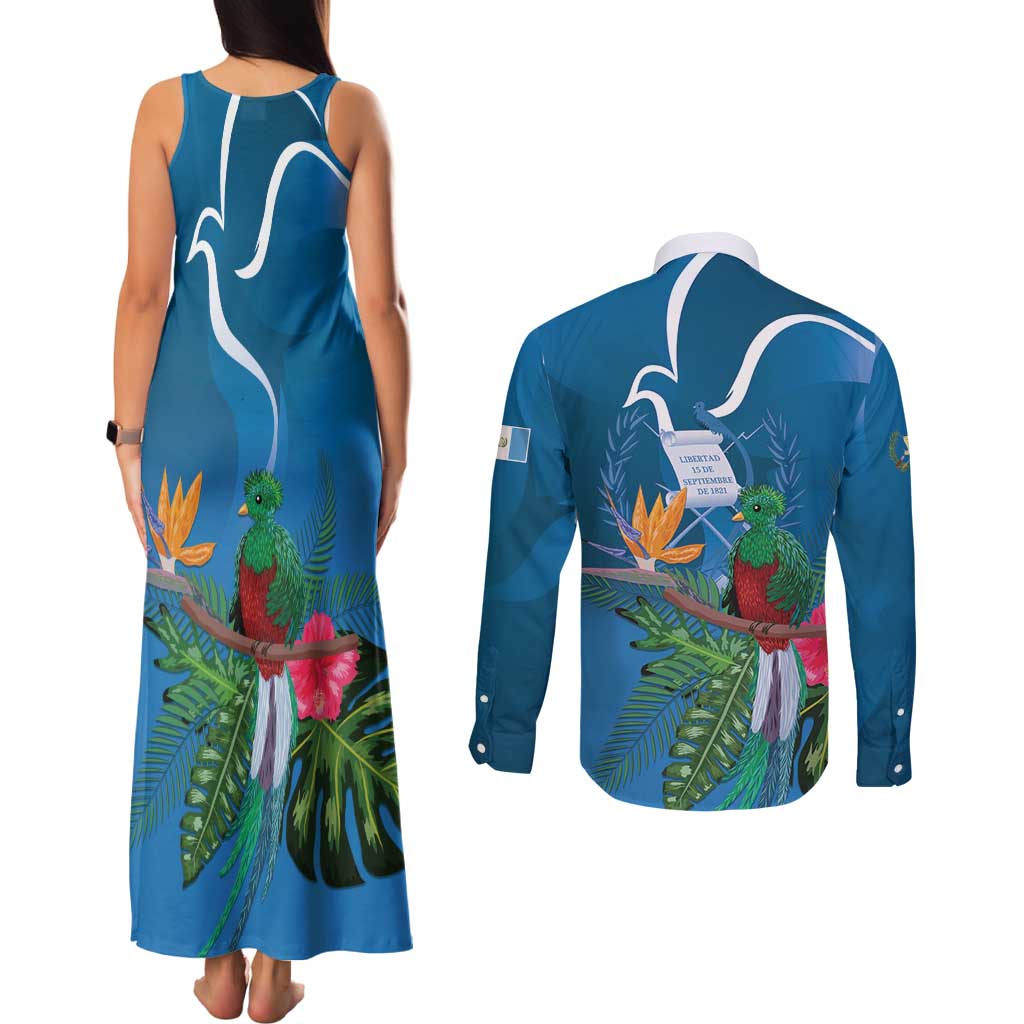 Guatemala Independence Day Couples Matching Tank Maxi Dress and Long Sleeve Button Shirt Quetzal Tropical Flower - Wonder Print Shop
